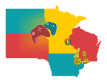 A colorful graphic depicting the borders of Minnesota and its surrounding states, with the IGDATC icon marking Minneapolis/St. Paul. The composition is decorated with a pair of video game controllers, two tabletop pawns, and a 20-sided die.